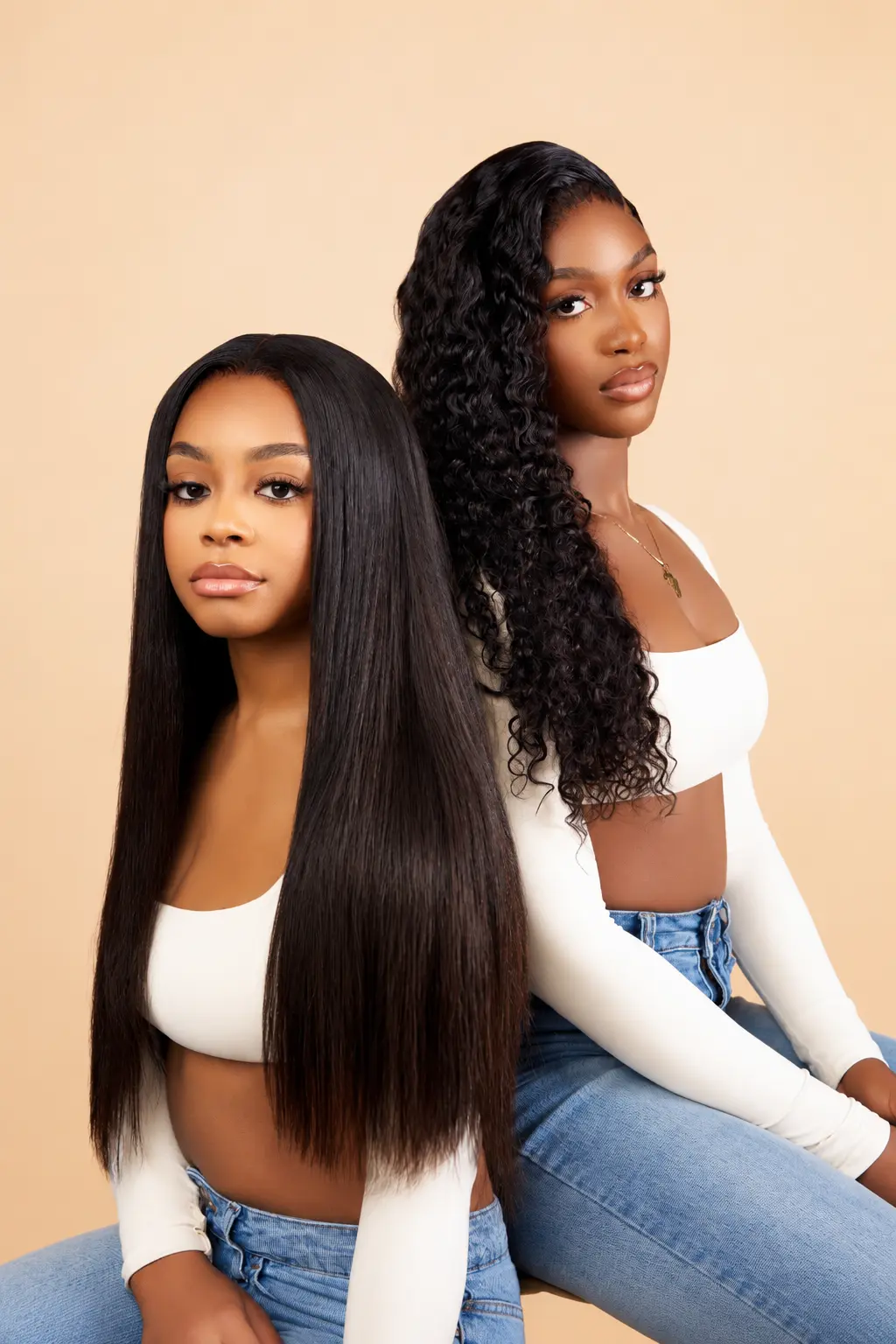 Halo Suite models wearing straight and curly hair